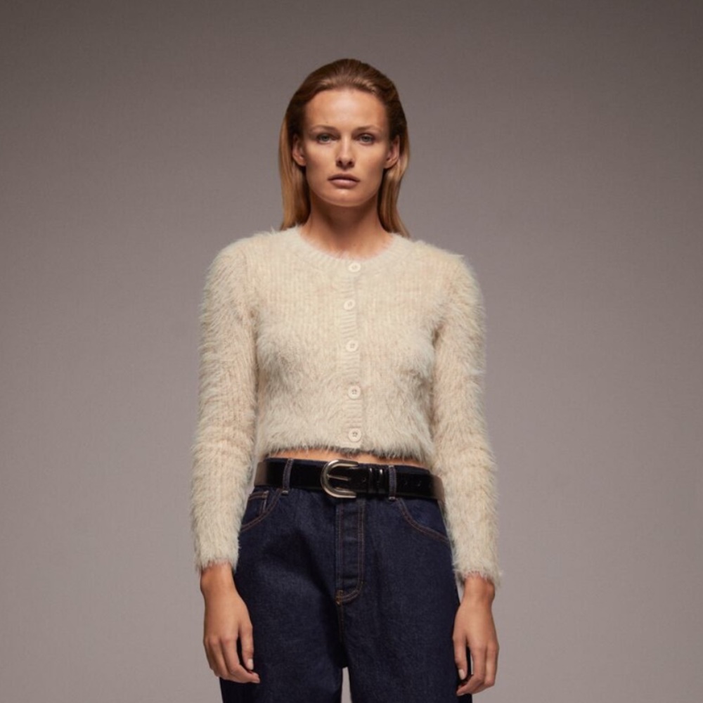Zara fuzzy faux fur cream cardigan - size M
